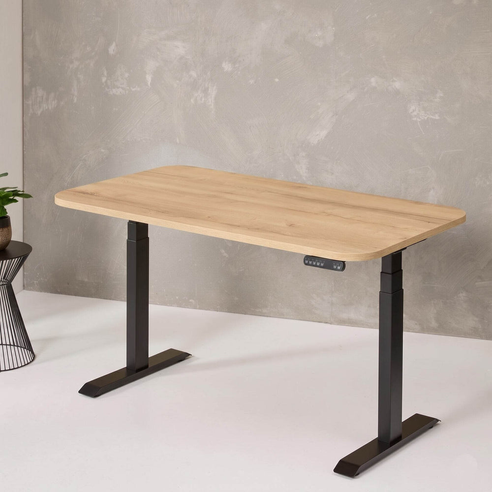 Wooden adjustable desk with white legs on a white background