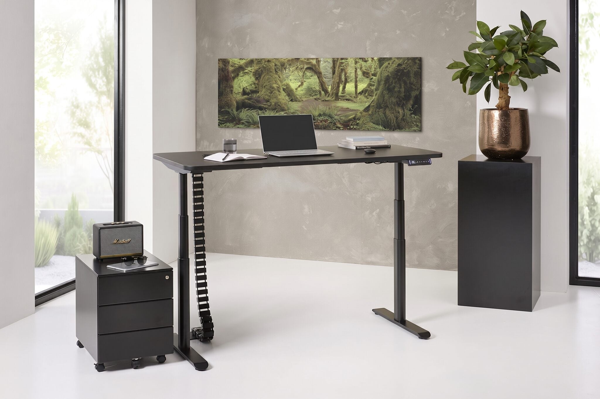 Modern office setup with a black adjustable desk, laptop, and decorative elements.