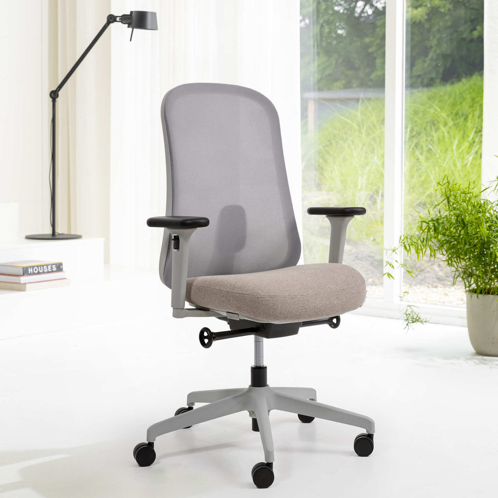 Ergonomic office chair with mesh backrest and beige seat on a white background