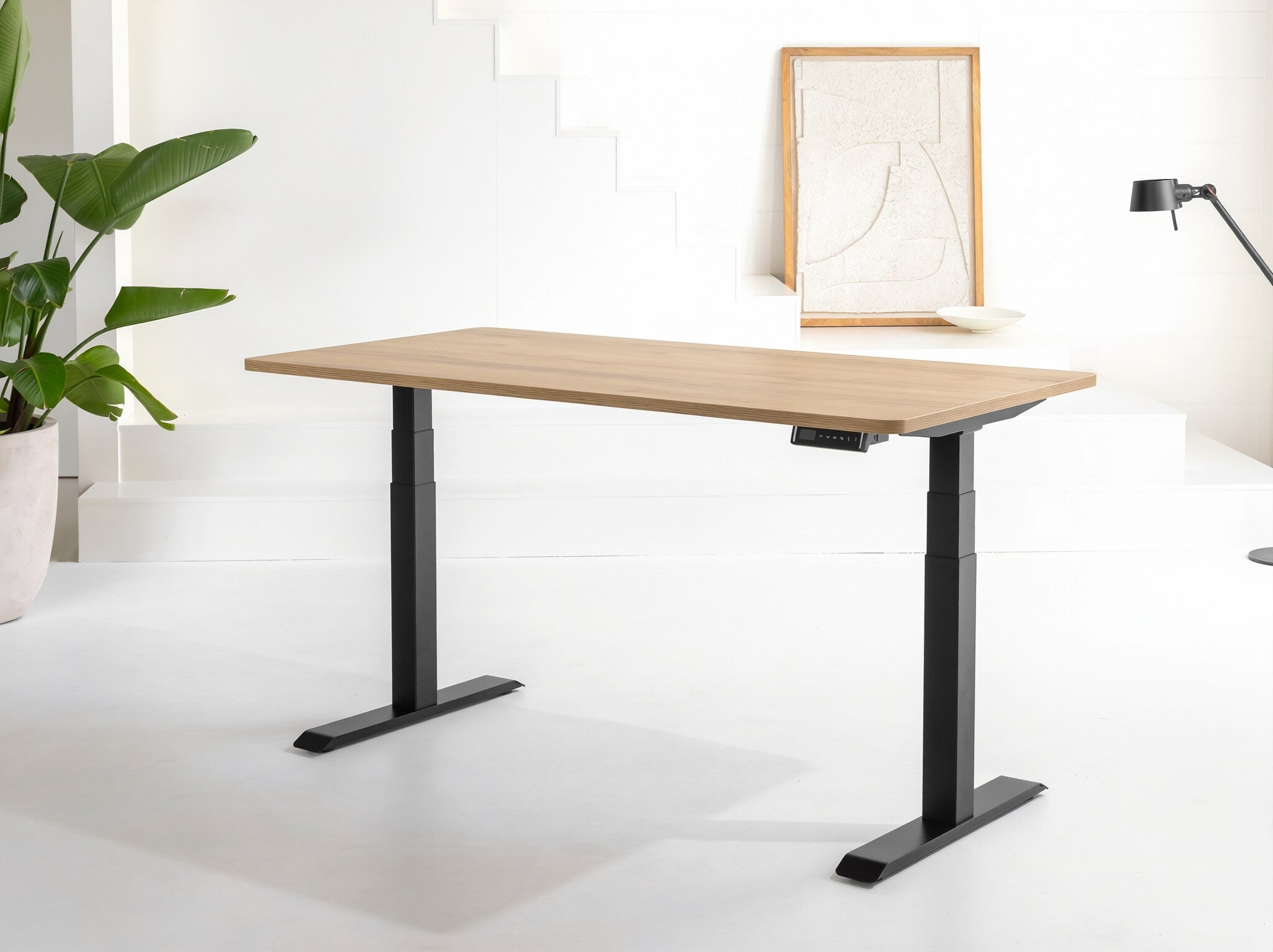 Adjustable height desk in a minimalistic room with a plant and lamp.