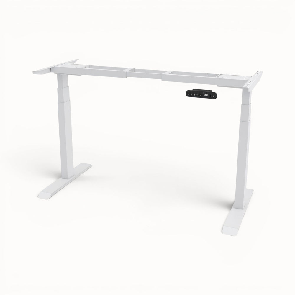 White adjustable desk frame on a white background