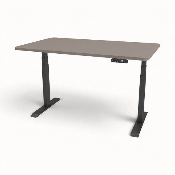 An adjustable height standing desk with a gray top and black metal legs, featuring a small control panel under the right side of the tabletop.
