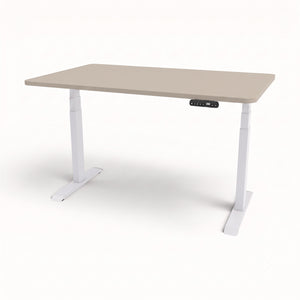 An electric height-adjustable standing desk with a light beige rectangular top and white T-style legs, shown on a clean white background.