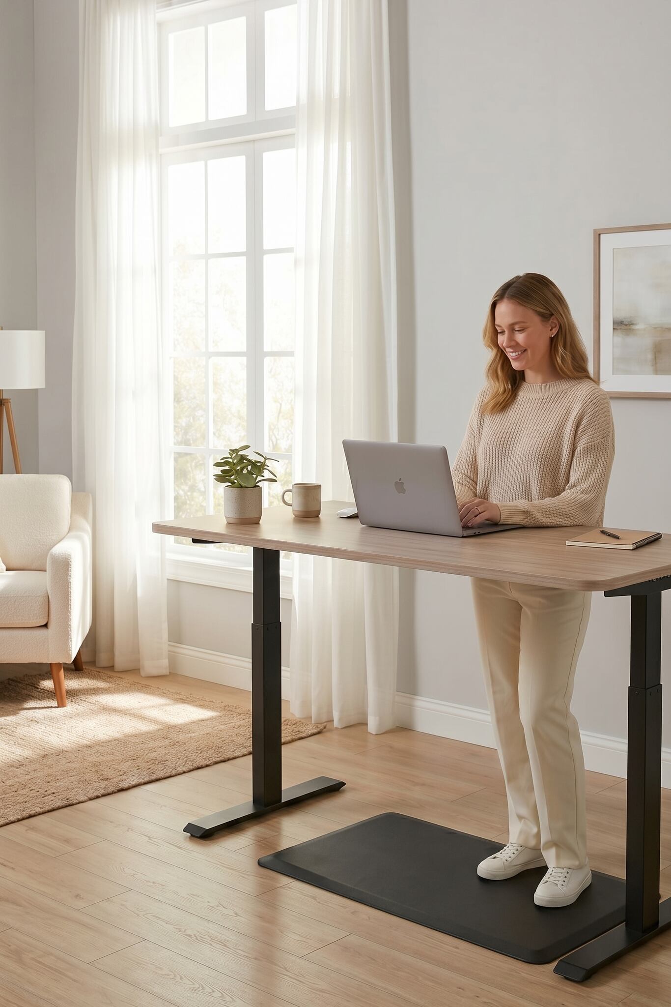 Woman using a laptop at a standing desk in a bright room with large windows.