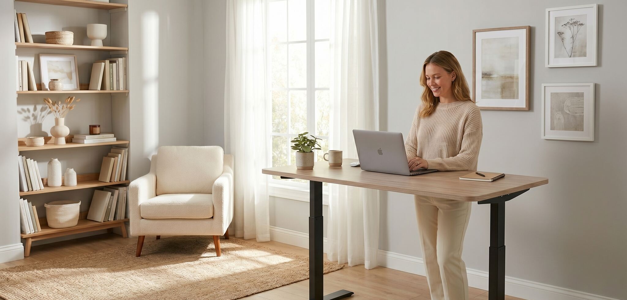 Woman using a laptop at a standing desk in a bright, organized home office.