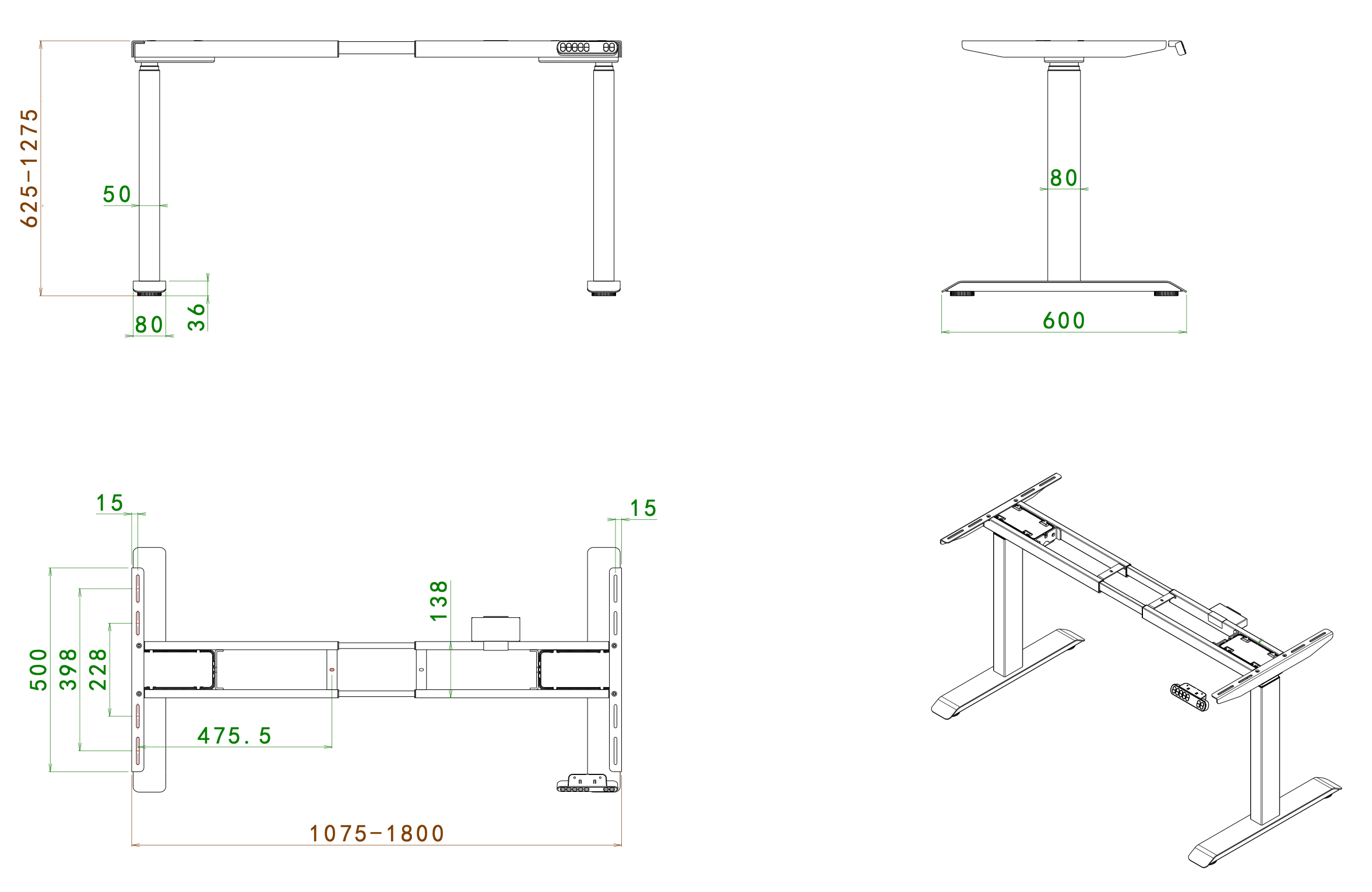 Technical drawing of a adjustable desk with dimensions on a white background